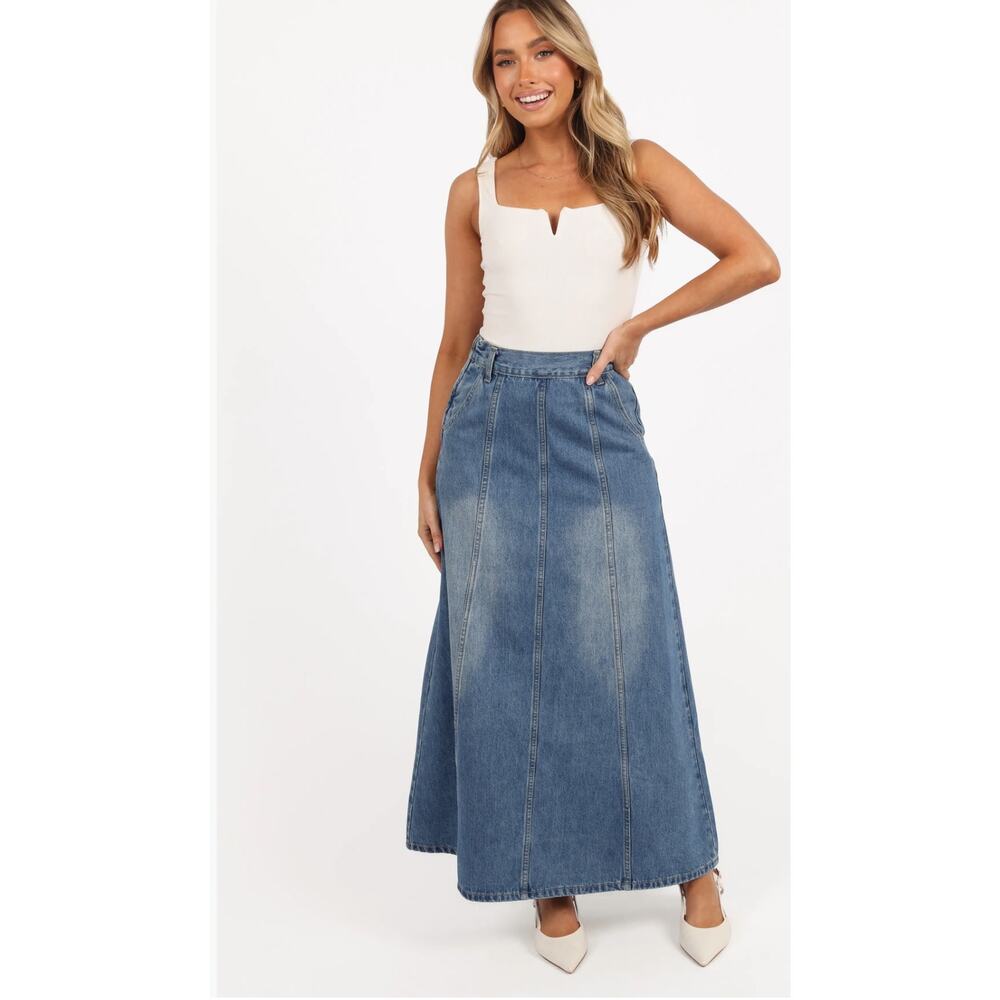 New Creation Y2K Vintage Junior Denim Jean  Flare Maxi Skirt Festival Boho Sz 12